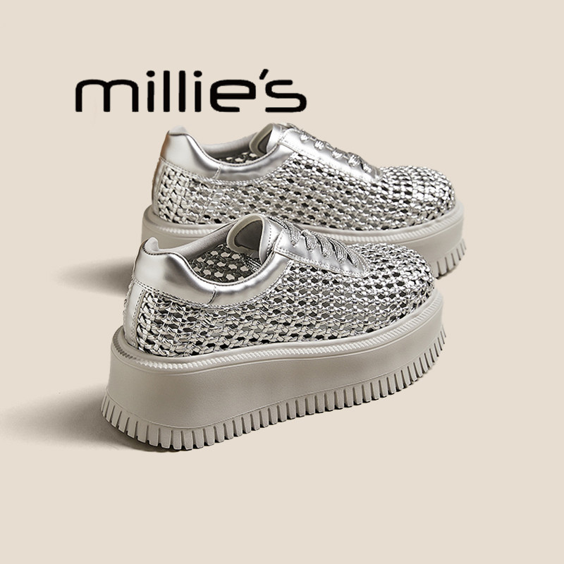 MILLIE'S/妙丽厚底鞋女2026新款夏时尚透气网面增高银色小白鞋子P