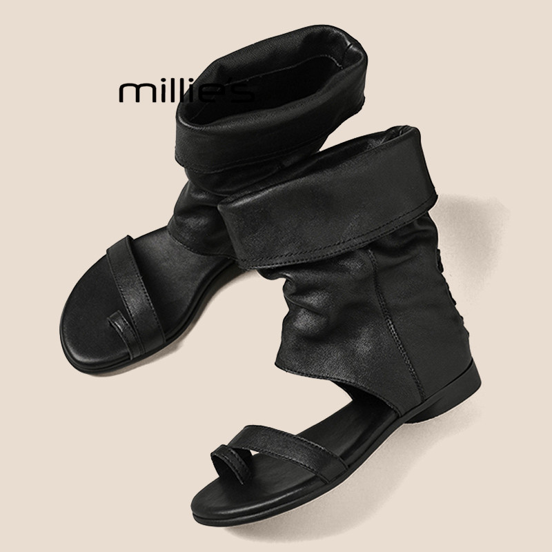 MILLIE'S/妙丽复古堆堆凉靴夏季平底露趾褶皱短靴一脚蹬罗马凉鞋P