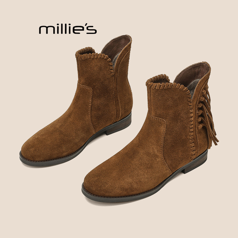 MILLIE'S/妙丽2026秋冬圆头磨砂皮套脚短靴复古流苏平底马丁靴P