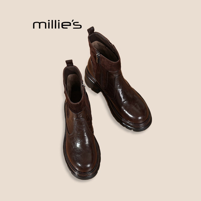 MILLIE'S/妙丽秋冬季真皮圆头侧拉链马丁靴女复古英伦风粗跟短靴Z,女鞋,时装靴,淘宝优惠券,粉丝福利购,淘宝优惠卷