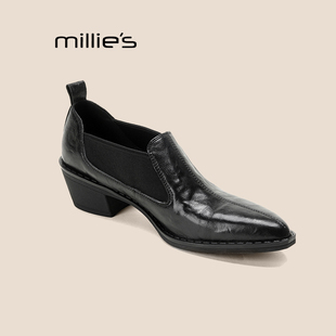 MILLIE'S/妙丽小皮鞋女秋季新款羊皮粗跟深口单鞋通勤百搭乐福鞋