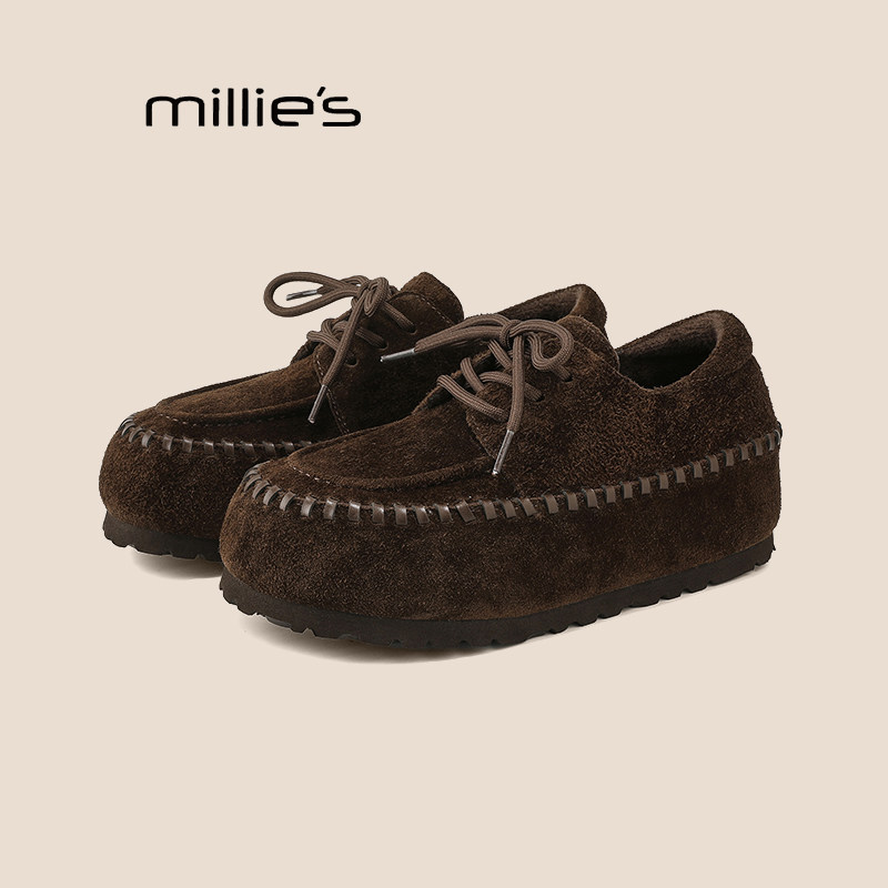 MILLIE'S/妙丽加绒乐福鞋女冬季红色内增高女鞋一脚蹬勃肯鞋棉鞋Z