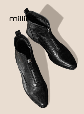 MILLIE'S/妙丽黑色尖头粗跟短靴女前拉链弹力靴百搭复古时装靴Q