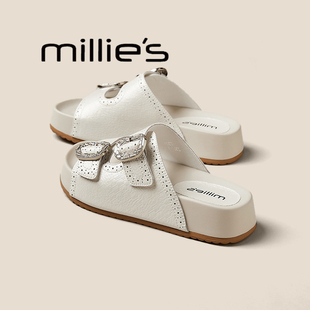 MILLIE'S/妙丽夏季新款真皮厚底水钻扣女拖鞋凉鞋百搭增高勃肯鞋