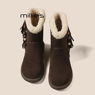 MILLIE 妙丽厚底短靴女勃肯马丁靴百搭显瘦厚底单靴流苏靴子冬