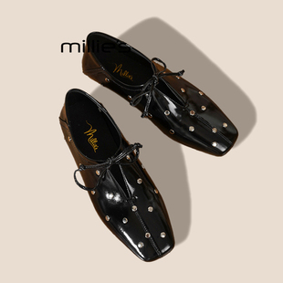 MILLIE'S/妙丽法式方头平底铆钉休闲小皮鞋系带英伦风百搭单鞋女P