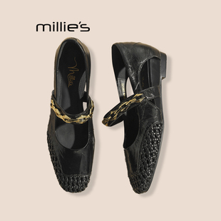 MILLIE'S/妙丽法式真皮凉单鞋夏透气镂空高跟鞋浅口粗跟玛丽珍鞋P