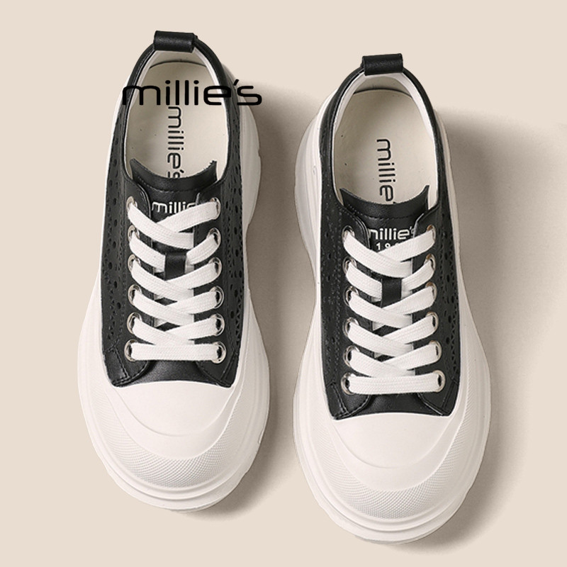 MILLIE'S/妙丽黑白拼色厚底板鞋2026夏季新款小个子增高休闲女鞋P