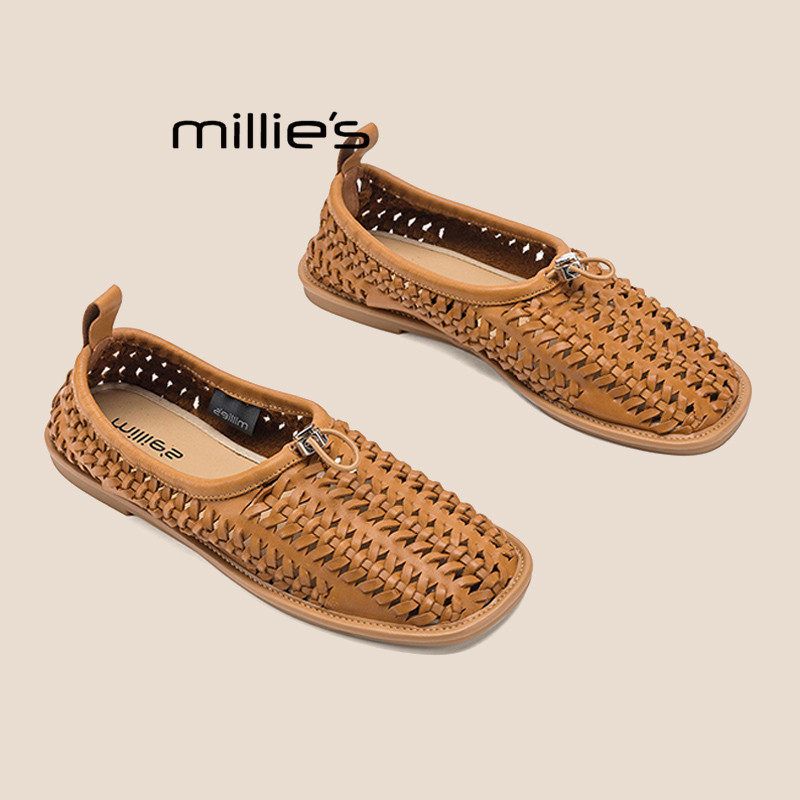 MILLIE'S/妙丽真皮休闲单鞋女夏季薄款透气网面软底一脚蹬编织鞋P
