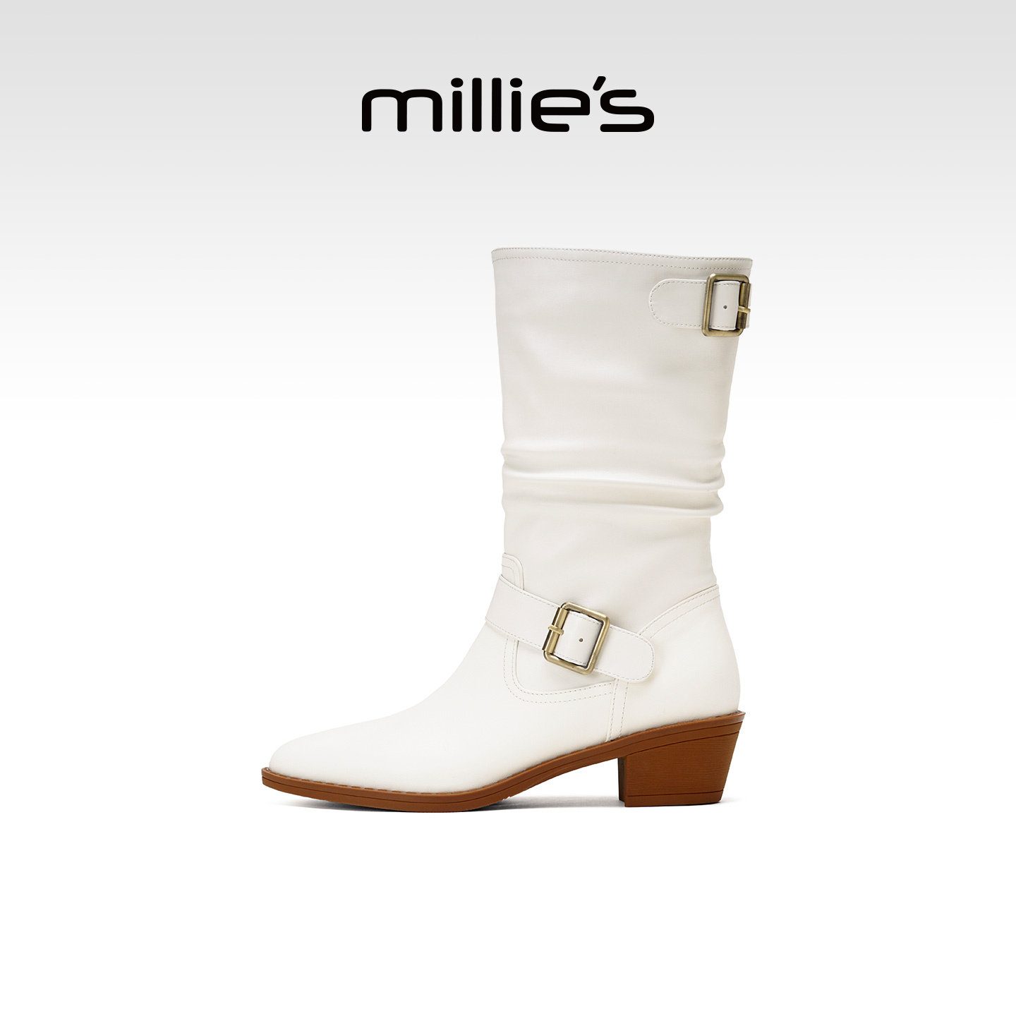 MILLIE'S/妙丽白色骑士靴新款加绒真皮靴子中筒靴粗跟尖头瘦瘦靴P