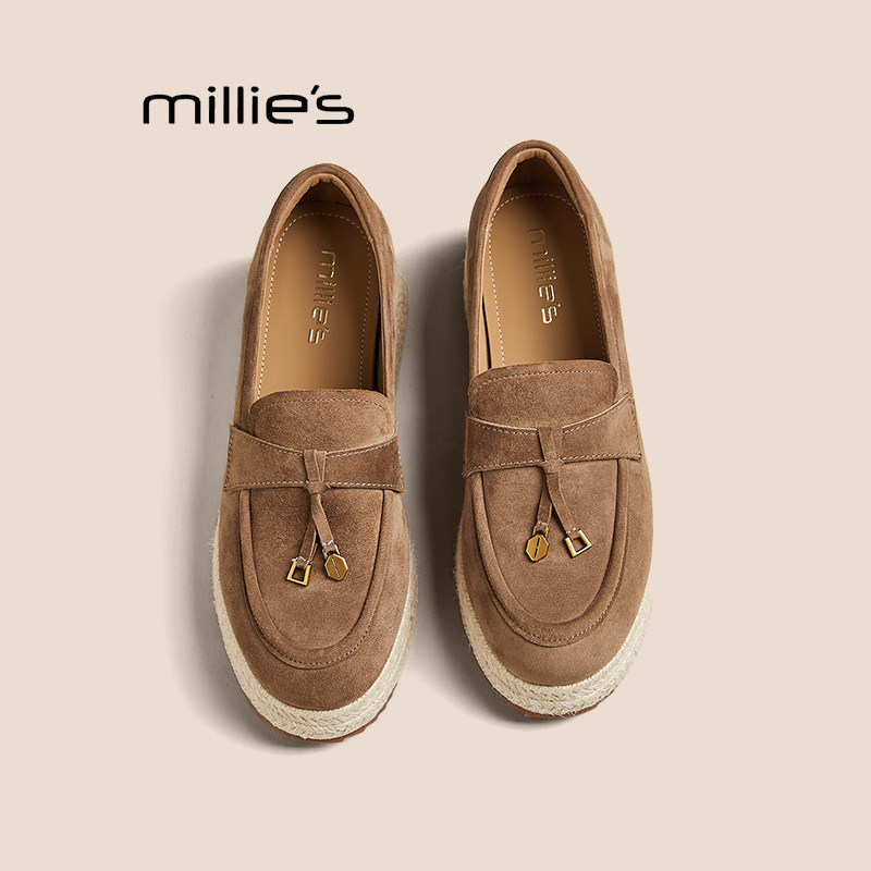 MILLIE'S/妙丽厚底乐福鞋女款春夏季新款草编一脚蹬英伦风小皮鞋P