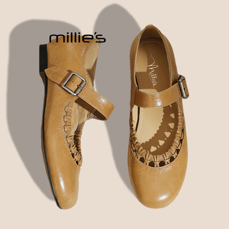 MILLIE'S/妙丽真皮法式单鞋女平底2026春季款芭蕾鞋复古玛丽珍鞋,女鞋,浅口单鞋,淘宝优惠券,粉丝福利购,淘宝优惠卷
