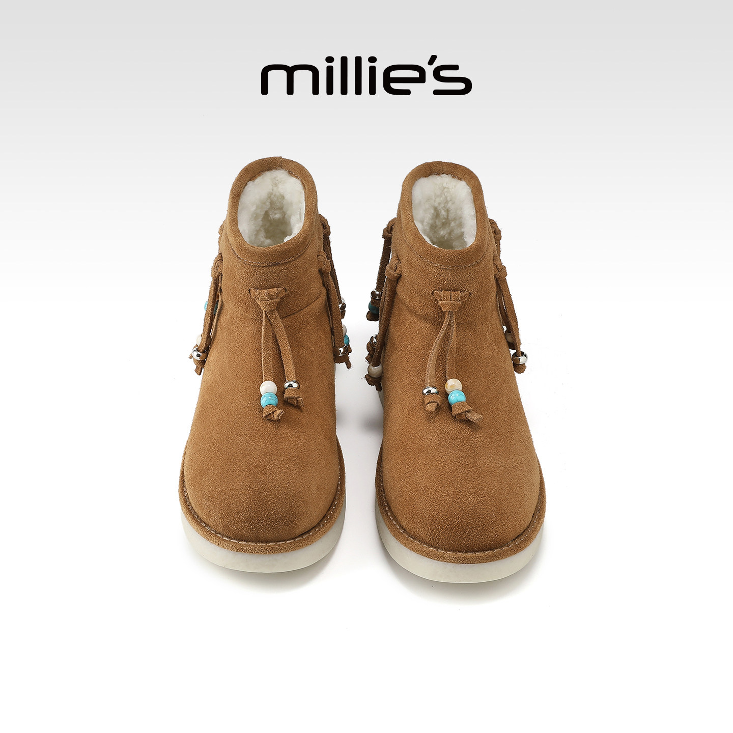 MILLIE'S/妙丽2026秋冬新款麂皮流苏短靴女加绒保暖反绒休闲皮靴Q