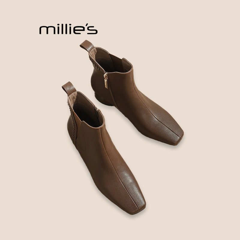 MILLIE'S/妙丽法式小踝靴女秋季粗跟短筒皮靴子切尔西黑色短靴P