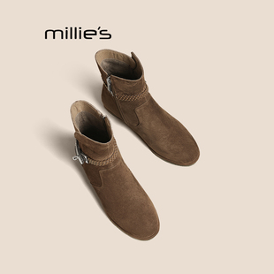 新款 MILLIE 2025秋季 妙丽中筒靴女款 超火流苏美拉德堆堆靴短靴Q