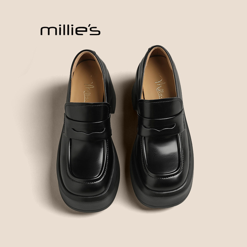 MILLIE'S/妙丽真皮厚底乐福鞋女款2026夏季新款小个子增高小皮鞋