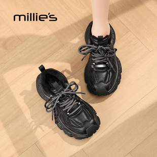 增高系带显脚小黑色女鞋 MILLIE 新款 女2025秋季 S妙丽厚底老爹鞋