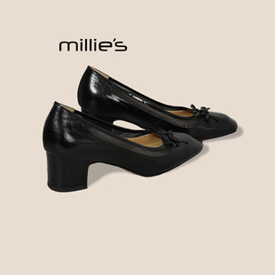 MILLIE'S/妙丽黑色真皮玛丽珍鞋女春季通勤百搭中跟单鞋优雅风P