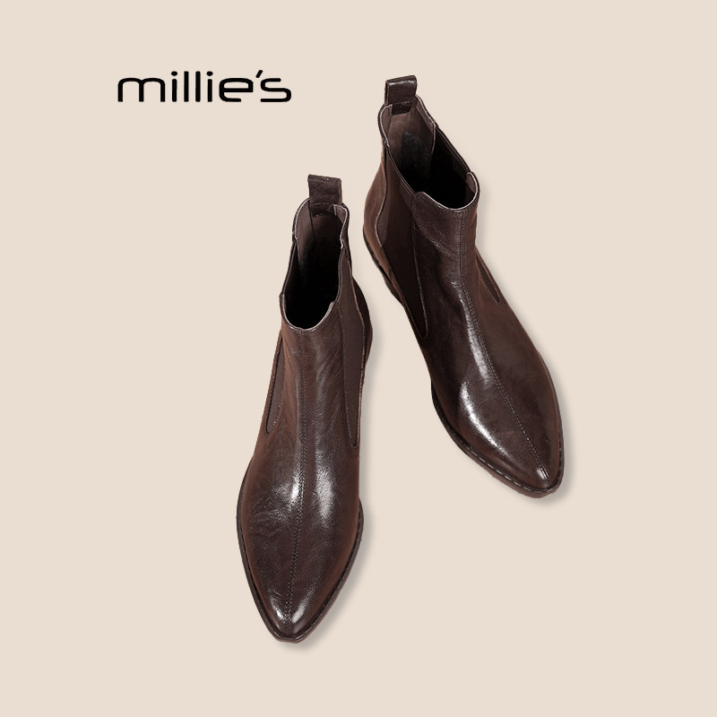 MILLIE'S/妙丽真皮尖头复古及踝靴粗跟拼接气质小短靴女切尔西靴Z