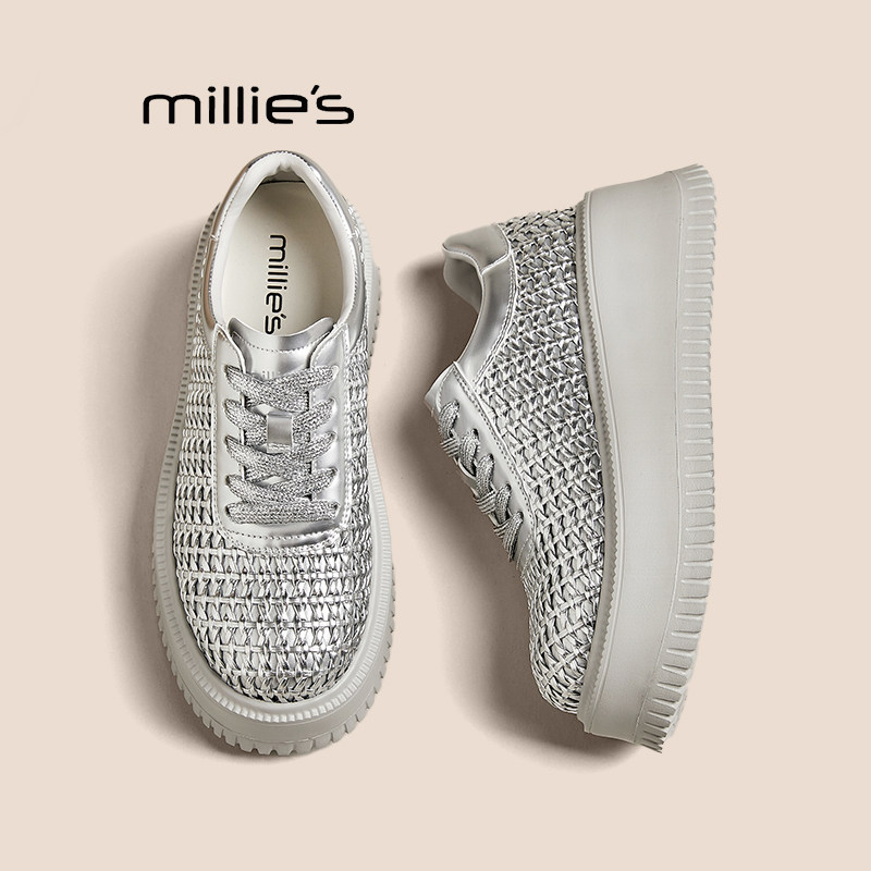 MILLIE'S/妙丽夏季新款厚底镂空透气小白鞋女编织松糕底休闲板鞋P