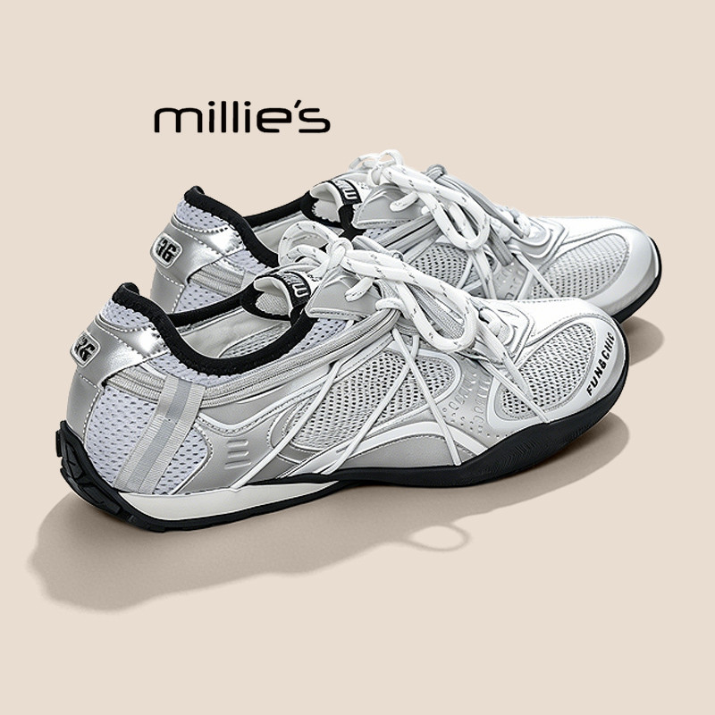 MILLIE'S/妙丽银色网面德训鞋百搭透气休闲运动鞋阿甘鞋显高女鞋P