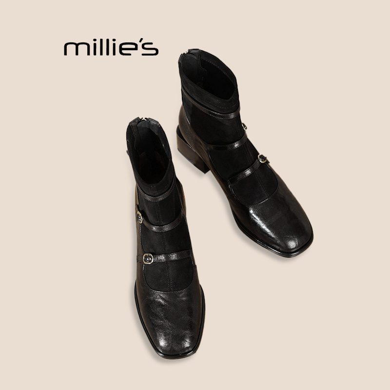 妙丽真皮方头短靴女巨好穿