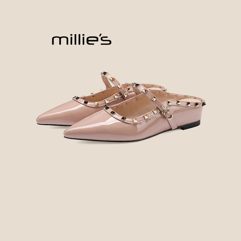 MILLIE'S/妙丽法式尖头铆钉包头半拖鞋女2026新款小个子优雅凉鞋P