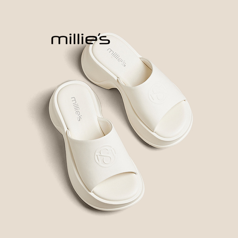 MILLIE'S/妙丽圆头厚底增高十字花踩屎感松糕一字凉拖高跟鞋女,女鞋,一字拖,淘宝优惠券,粉丝福利购,淘宝优惠卷