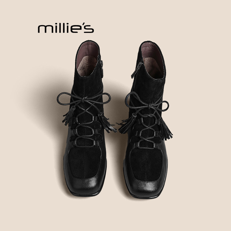 MILLIE'S/妙丽翻毛皮短靴女秋冬单靴软底圆头中跟粗跟真皮马丁靴Z