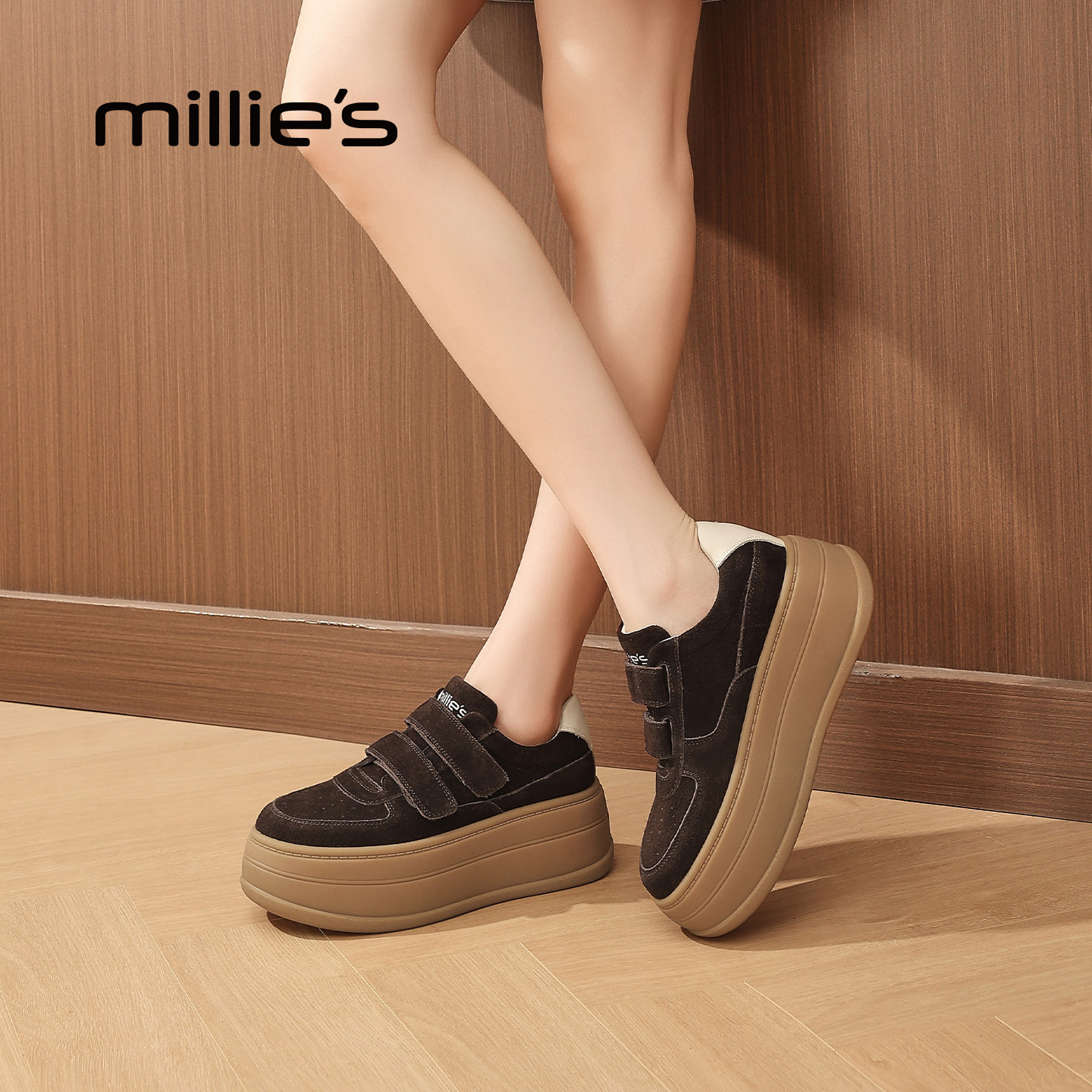 MILLIE'S/妙丽老爹鞋女厚底松糕鞋魔术贴咖色运动鞋时尚百搭P