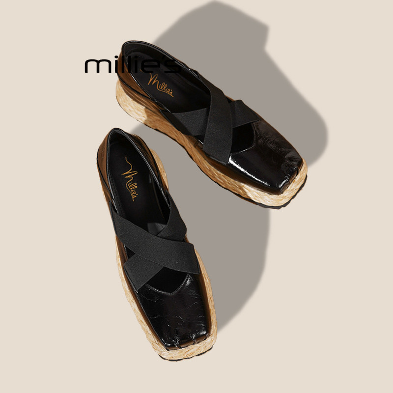 MILLIE'S/妙丽芭蕾舞鞋方头坡跟包头草编拖鞋女夏外穿猪鼻子拖鞋,女鞋,婚鞋,淘宝优惠券,粉丝福利购,淘宝优惠卷