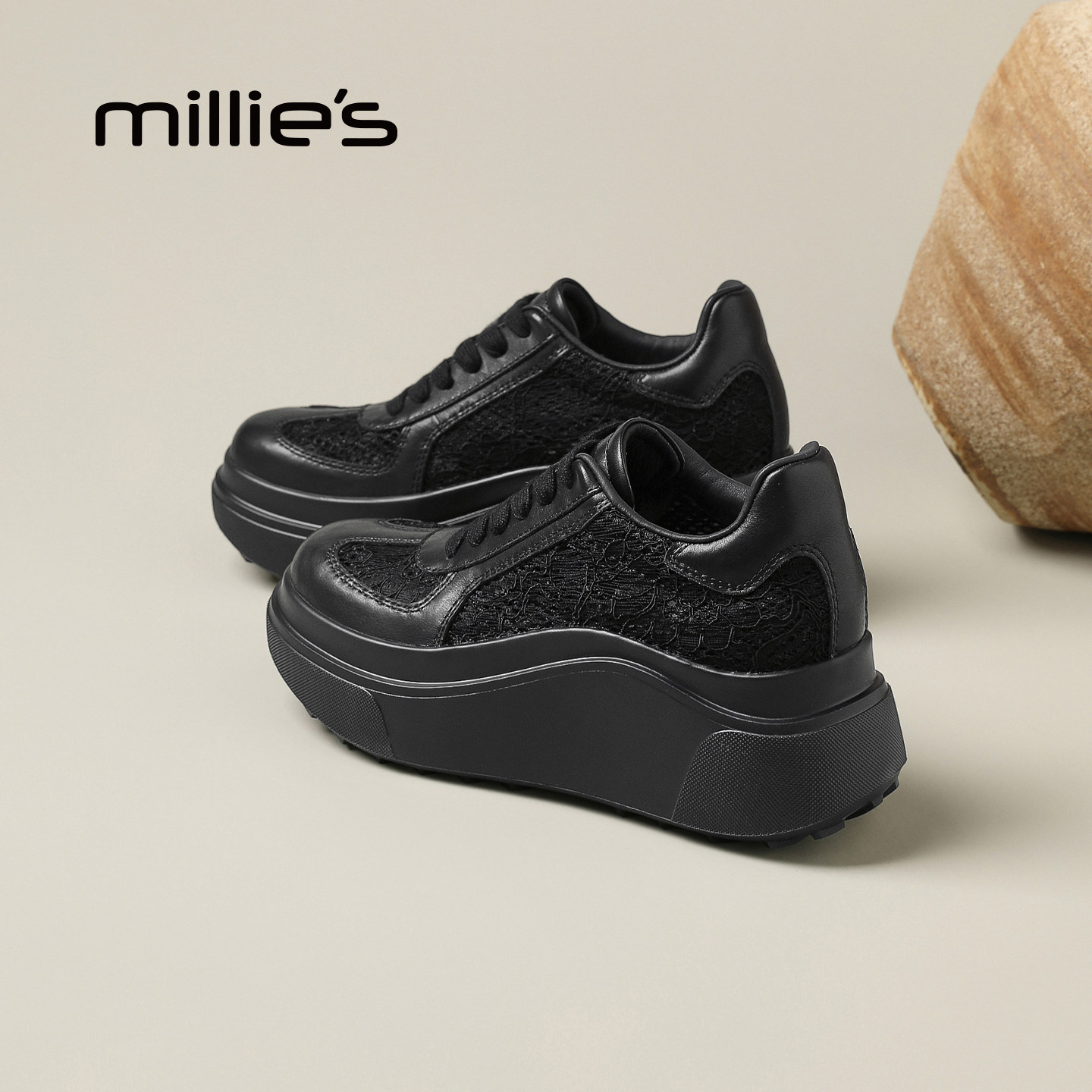 MILLIE'S/妙丽厚底面包鞋女黑色系带增高小个子百搭休闲鞋Q