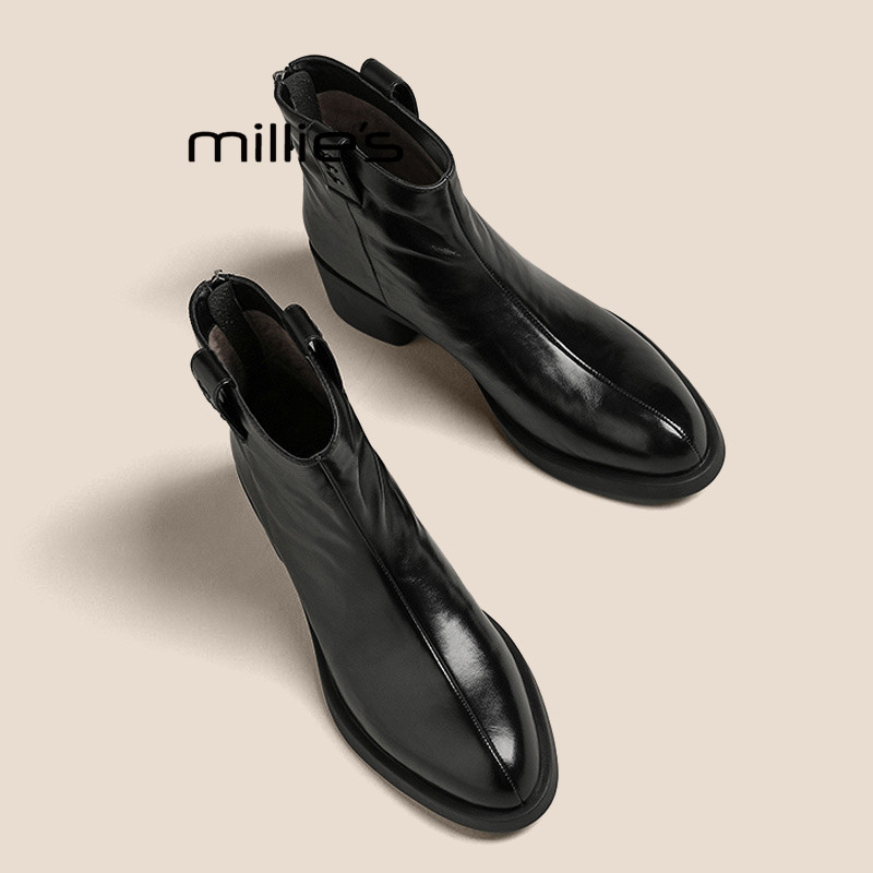 MILLIE'S/妙丽黑色真皮短靴2026新款粗跟后拉链瘦瘦靴通勤马丁靴Z