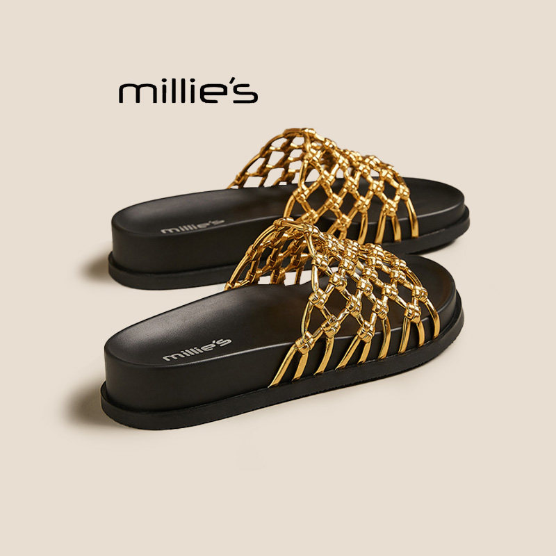 MILLIE'S/妙丽夏厚底增高鞋子真皮编织渔网镂空一字拖女休闲凉拖