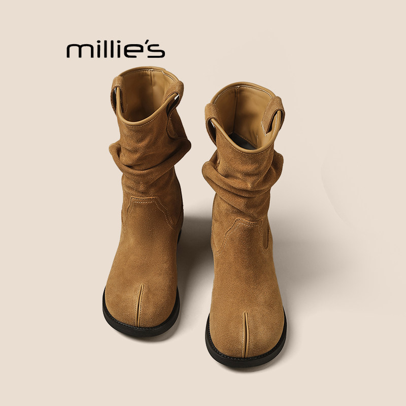 MILLIE'S/妙丽复古秋冬磨砂牛皮马丁靴女粗跟堆堆短靴西部牛仔靴Z