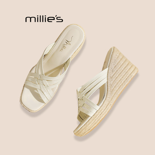 MILLIE'S/妙丽高跟拖鞋增高银色坡跟凉拖鞋复古新中式旗袍鞋子女P
