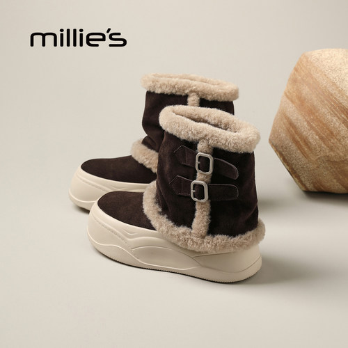 MILLIE'S/妙丽真皮加绒棉鞋女靴