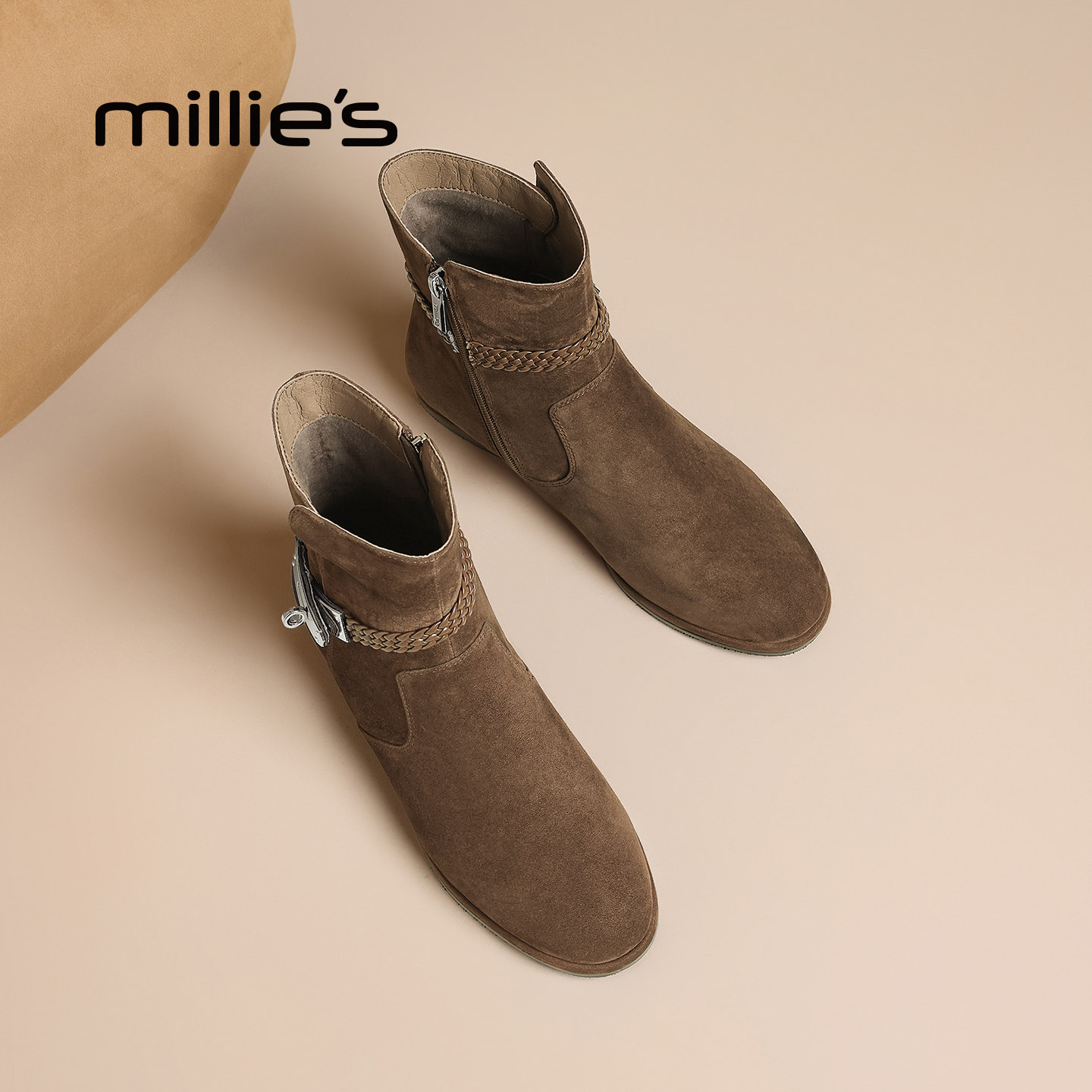 MILLIE'S/妙丽2026新款秋冬单靴法式复古方头短靴女粗跟及踝靴P