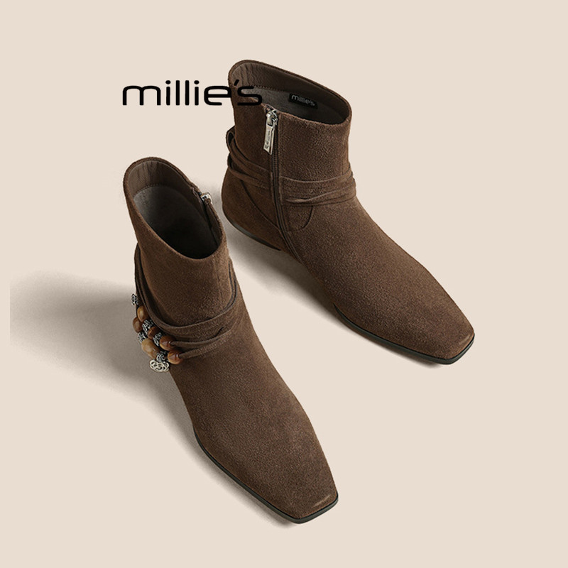 MILLIE'S/妙丽复古休闲方头短靴女2026秋款慵懒一脚蹬粗跟马丁靴P