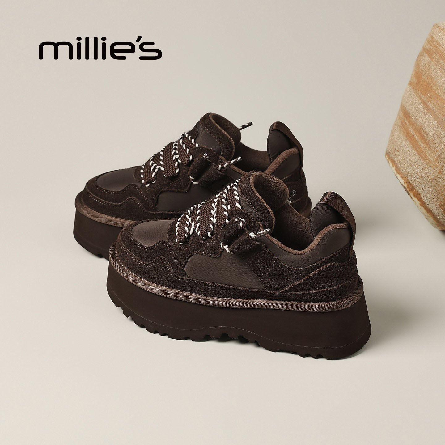 MILLIE'S/妙丽厚底老爹鞋女咖色增高休闲鞋防滑舒适运动鞋P