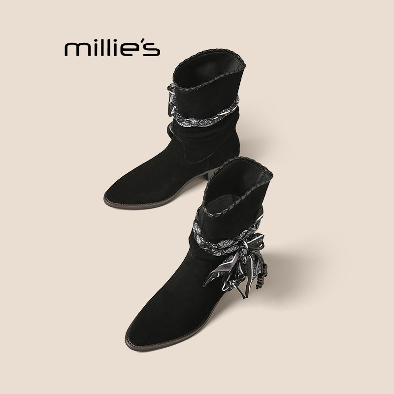 MILLIE'S/妙丽秋季女复古尖头粗跟显瘦短靴不过膝堆堆西部牛仔靴Z,女鞋,马丁靴,淘宝优惠券,粉丝福利购,淘宝优惠卷