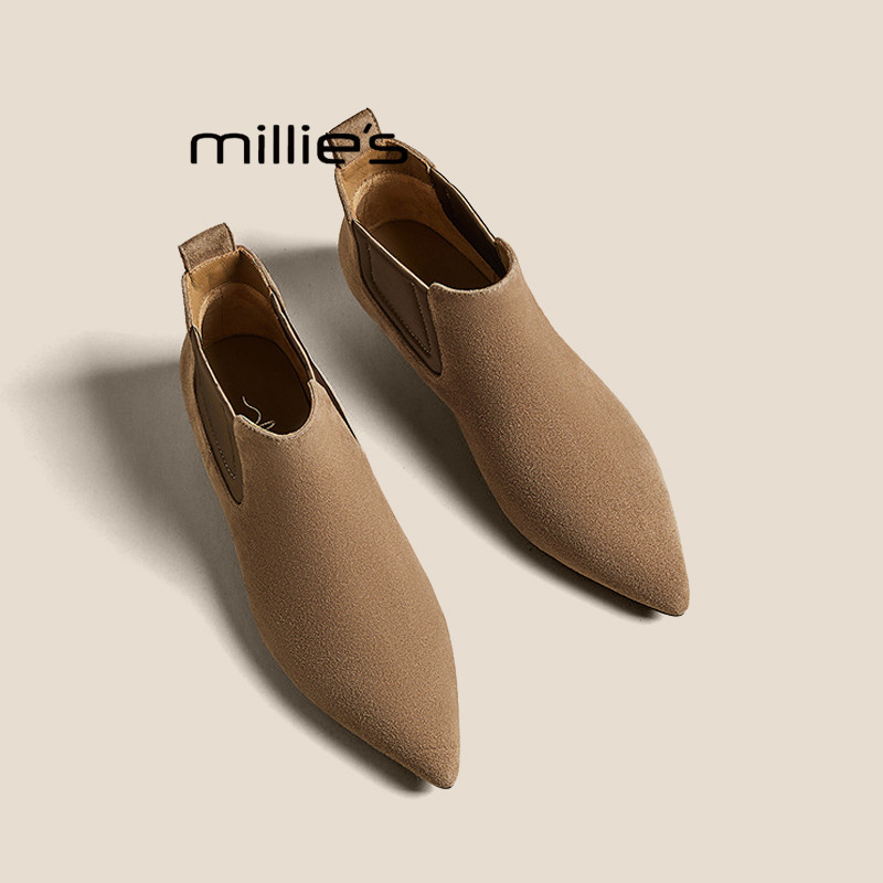 MILLIE'S/妙丽真皮及踝靴女靴秋冬款切尔西靴羊反绒时装尖头短靴