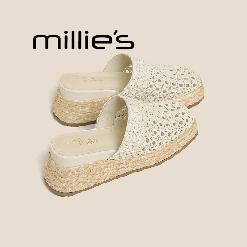 MILLIE'S/妙丽包头半拖鞋女镂空编织懒人凉拖鞋草编松糕底凉鞋夏