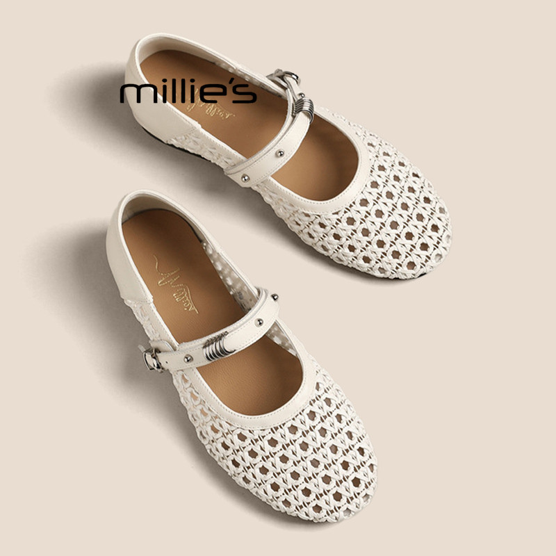 MILLIE'S/妙丽2026春夏圆头镂空编织真皮玛丽珍鞋平底浅口单鞋女P