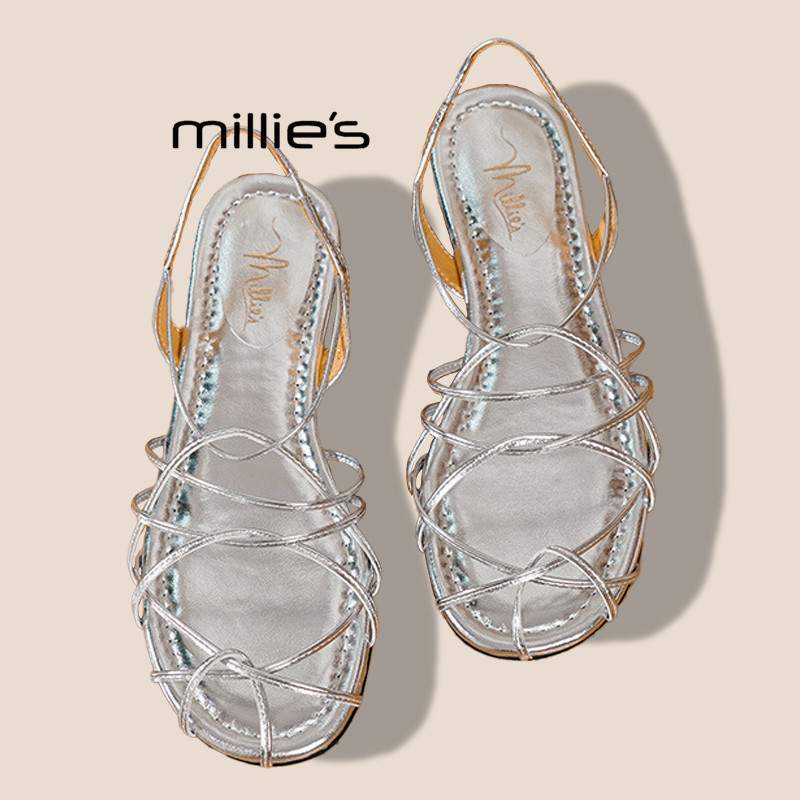 MILLIE'S/妙丽法式交叉绑带一字带凉鞋女夏季镂空露趾绝美罗马鞋P