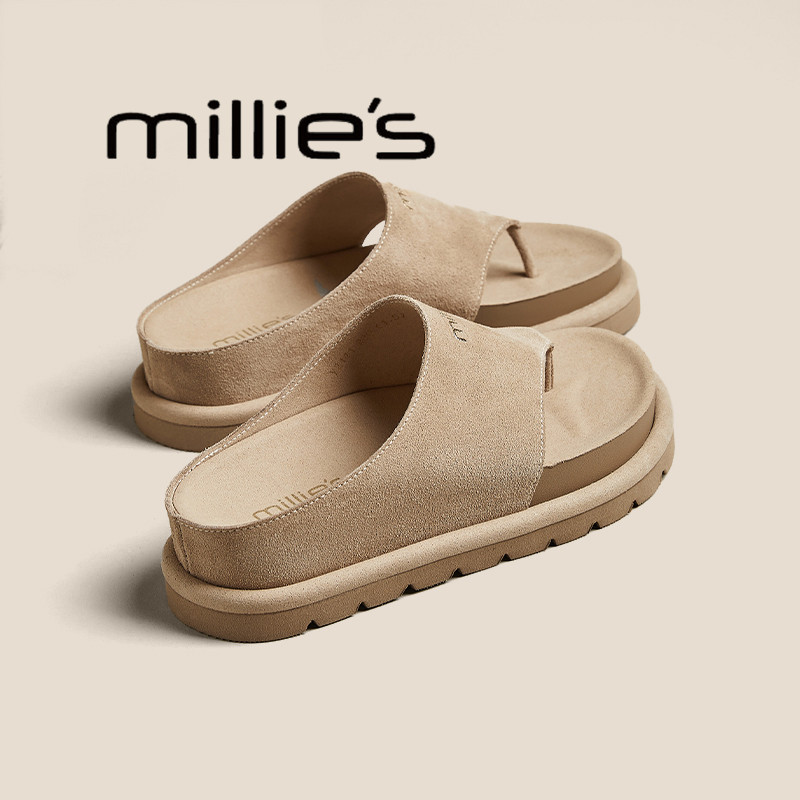MILLIE'S/妙丽真皮夹脚人字拖凉拖鞋女外穿夏勃肯鞋百搭厚底拖鞋