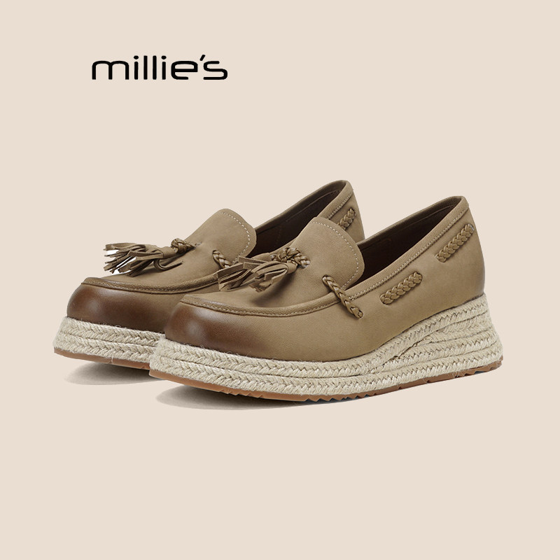 MILLIE'S/妙丽草编底内增高乐福鞋圆头休闲单鞋坡跟流苏小皮鞋秋,女鞋,浅口单鞋,淘宝优惠券,粉丝福利购,淘宝优惠卷