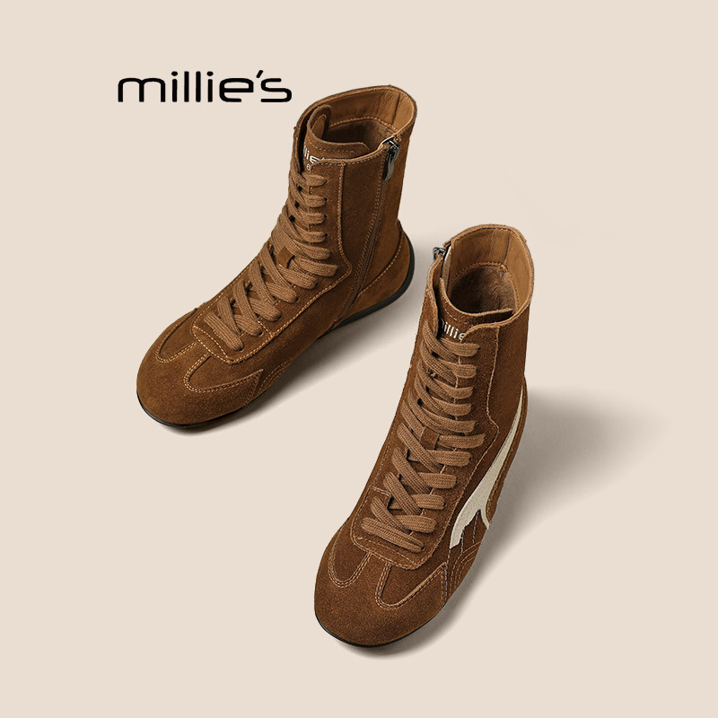 MILLIE'S/妙丽高帮鞋女秋冬新款马丁靴真皮鞋牛筋底短靴休闲女鞋Z