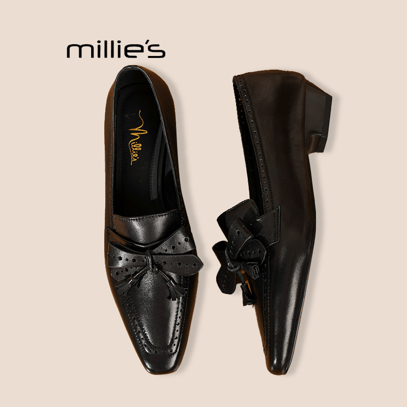 MILLIE'S/妙丽一脚蹬乐福鞋女款春季新款蝴蝶结英伦风黑色单鞋子P