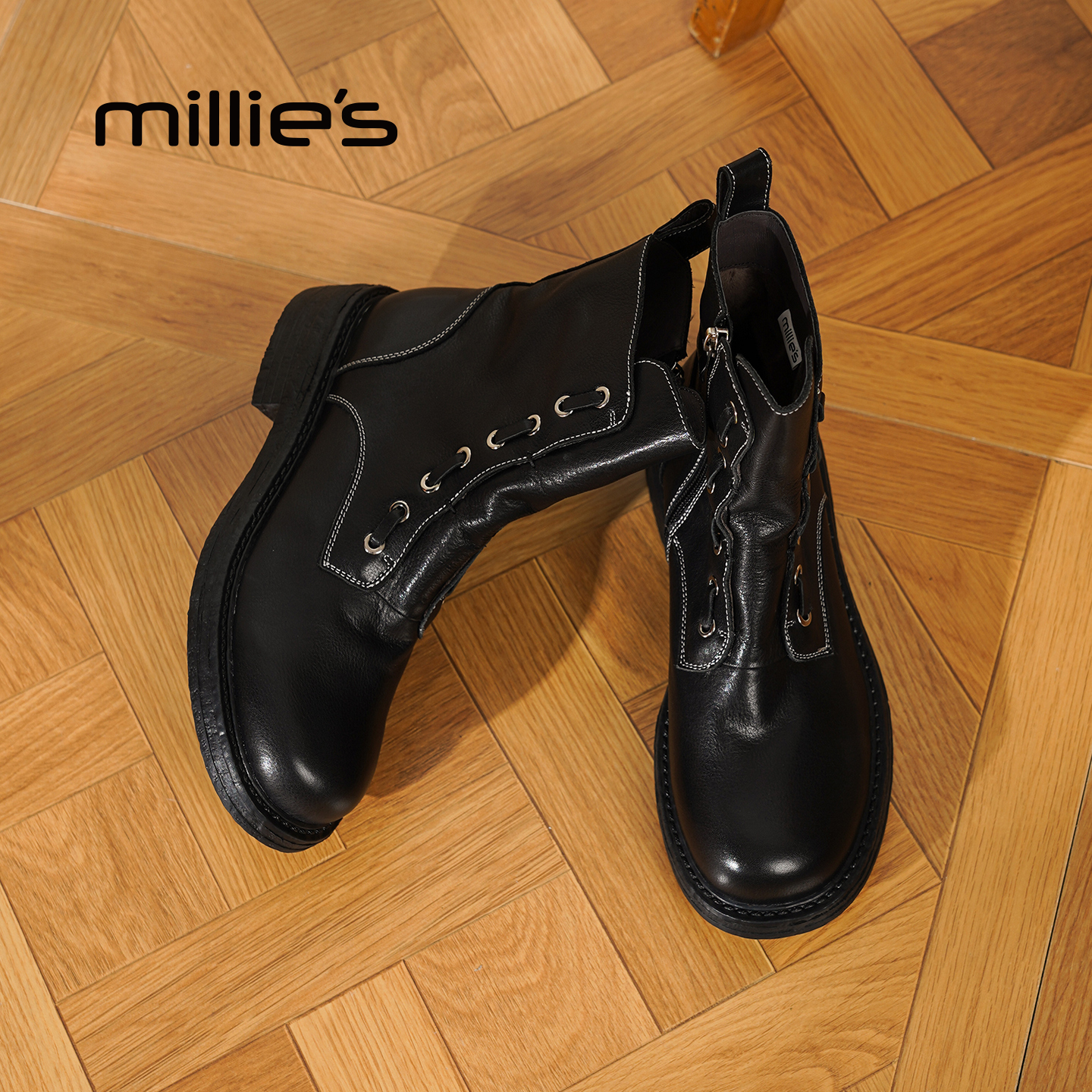 MILLIE'S/妙丽真皮复古厚底靴